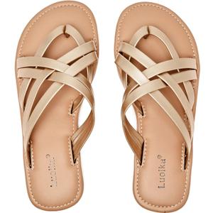 Luoika Women's Wide Width Flat Sandals, Flip Flop Slides Sandal Casual Strapy Sandal Slip on Summer Beach Shoes for Women. (Gold, 10.5)