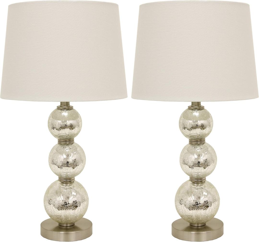 Decor Therapy Mirrored Crackle Finish Table Lamp Set of 2, 100% Linen, Glass and Steel, Mercury Silver - (13"D x 13"W x 24"H) (Mercury Silver)