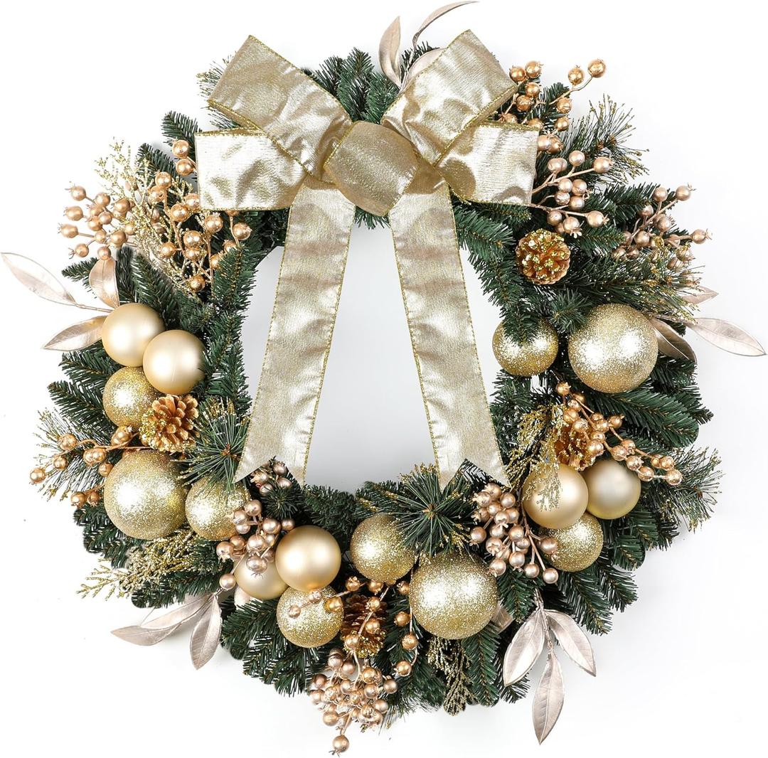 Christmas Wreath for Front Door 24" Artificial Christmas Wreath with Pine Branches, Berries,Ball Ornaments and Gold Accents, Christma Decorations Home Indoor and Outdoor Holiday Decor Wreaths