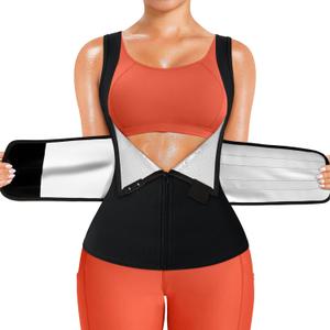 TrainingGirl Sauna Sweat Suit for Women Waist Trainer Workout Faja Weight Vest Body Shaper Shirt Band (Large, Black Silver Inner)