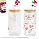 2 Pcs Valentine's Day Glass Cups 16 oz Color Changing Cups with Lids & Straws Iced Coffee Tumbler Drinking Mug with Printed love you Red Heart for Galentines Couple Wedding Anniversary Birthday Gifts
