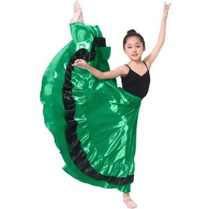 Girls Black Red Ruffles Layers Satin Long Skirt for Spanish Flamenco Belly Dance Gypsy Folklorico (5-7 Years, Green)