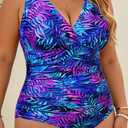 Aqua Eve Women Plus Size One Piece Swimsuits Tummy Control Bathing Suits V Neck Ruched Swimwear Blue Purple Tropical Leaves 18W