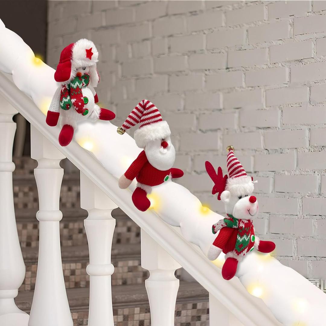 Set of 3 Christmas Stair Decoration Set Stuffed Santa Snowman Reindeer Snow Surfing Banister Decor with 6.6 Feet Snow Blanket and Light Strip for Holiday Handrail Banister Stairway Decoration