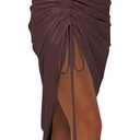 LYANER Women's Satin Spaghetti Straps Cowl Neck Sexy Ruch Cocktail Midi Dresses (Brown, M)