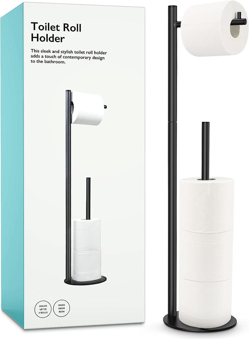 Toilet Paper Holder Stand, Bathroom Toilet Paper Roll Holder Stand with Reserve, Standing Toilet Paper Holder with Storage (Black)