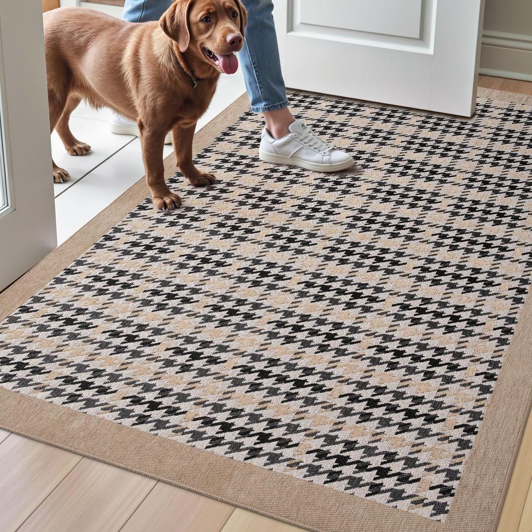LUMI Door Mat Indoor Entrance, Dirt Resist Low Profile Entryway Mats, Non-Slip Rubber Backing Indoor Door Mat, Inside Thin Doormats for Floor, Front Door, Garage, 30"x48", Khaki Houndstooth