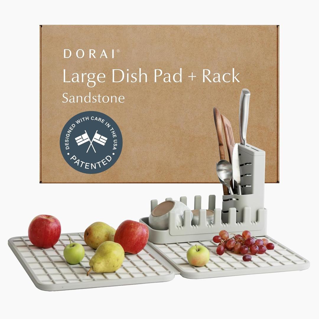 Dorai Home Collapsible Dish Drying Rack and Stone Dish Pad  Large Foldable Drying Rack with Instant - Dry Stone Mat  Space-Saving Drainer for Kitchen Counter - 24.6" x 16.5", Sand