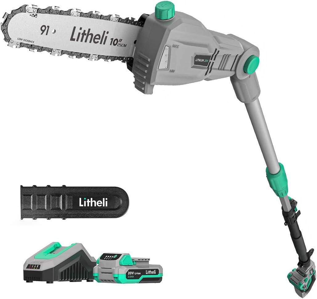 Litheli 20V Pole Chain Saw Battery Powered for Tree Trimming, 10'' Electric Cordless Pole Saw with Battery for Tree Trimming, 2.0Ah Battery&Charger, 17ft/s Cutting Speed for Branch Cutting, Trimming