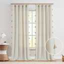 jinchan Linen Curtains with Tassels for Living Room 96 Inches Long Boho Rod Pocket Back Tab Pom Poms Farmhouse Bedroom Semi Sheer 2 Panels Ecru Window Curtain Set, W50 x L96