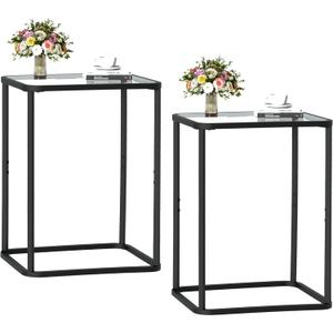 Glass Side Table Two Set, Rectangle 2PCS End Table with Metal Frame, Modern Bedside Table for Office, Bedroom, Living Room, Study,Small Spaces,Easy Assembly,15.75 * 11.81 * 20.87 Inches,Black,2PCS