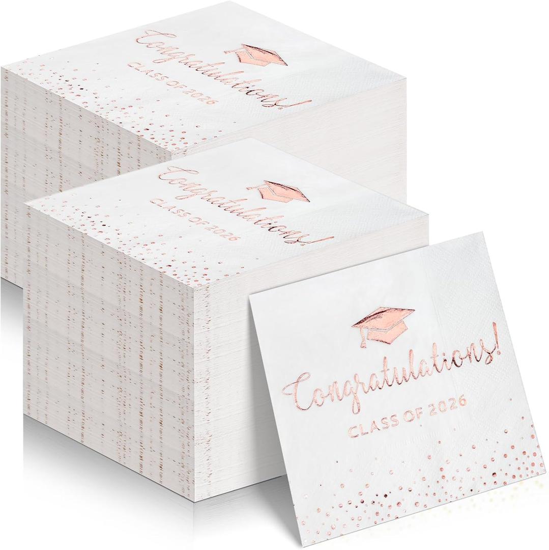 200Pcs Class of 2026 Graduation Napkins, Disposable Congratulation Grad Paper Cocktail Napkins Square Guest Hand Towel for 2026 High School University College Graduation Party DecorationsPink