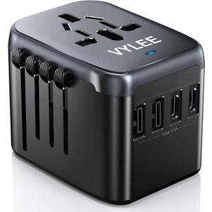 Universal Travel Adapter, VYLEE 5 in 1 International Power Adapter, 3.5A 2xUSB-A and 2xUSB C Wall Charger, Worldwide Travel Essentials Plug for Europe USA UK AUS Asia (Black Grey)