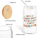 2 x Teacher Glass Cup with Lids and Straws 14oz, Back to School Teacher Gifts, Kindergarten Teachers Appreciation Gifts Glass Iced Coffee Tumbler Drinking Jars with Cleaning Brush