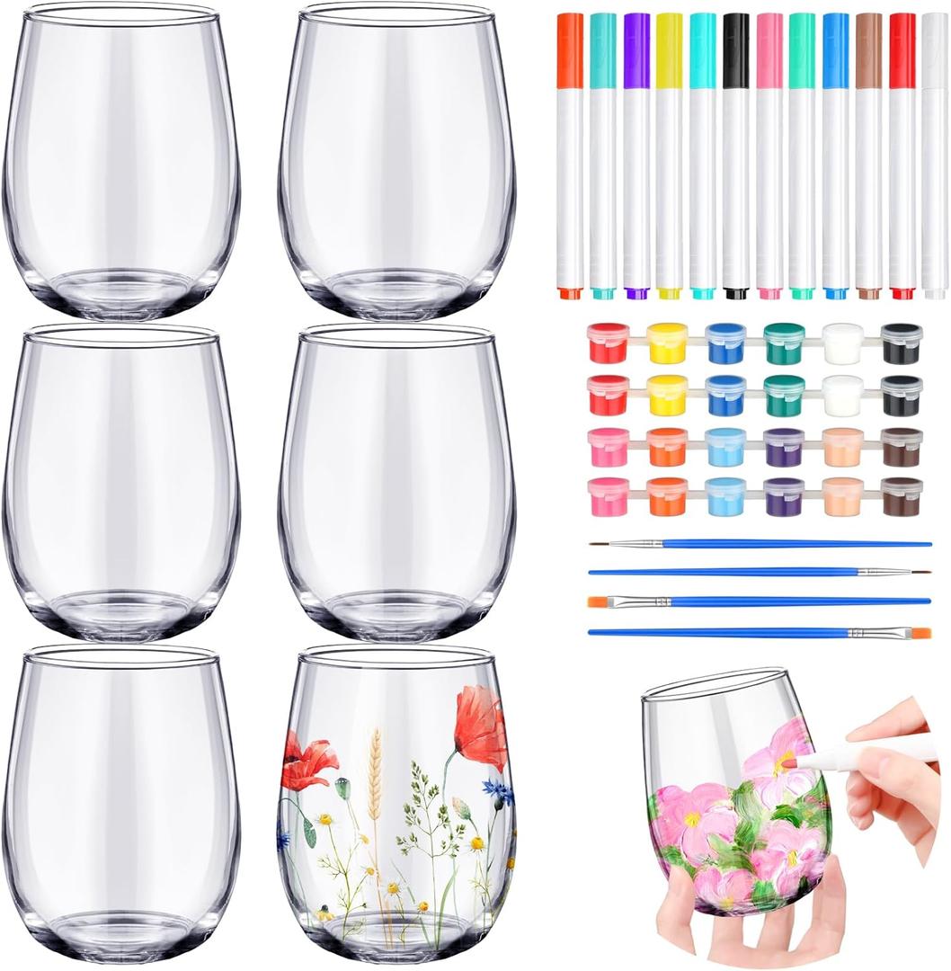 Pickmesh 6 Sets Paint Your Own Wine Glass Crafts Glass Painting Gift 12 Pcs DIY Markers 12 Colors Acrylic Paint with Brushes to Design Your Own Personalized Craft(Stemless)