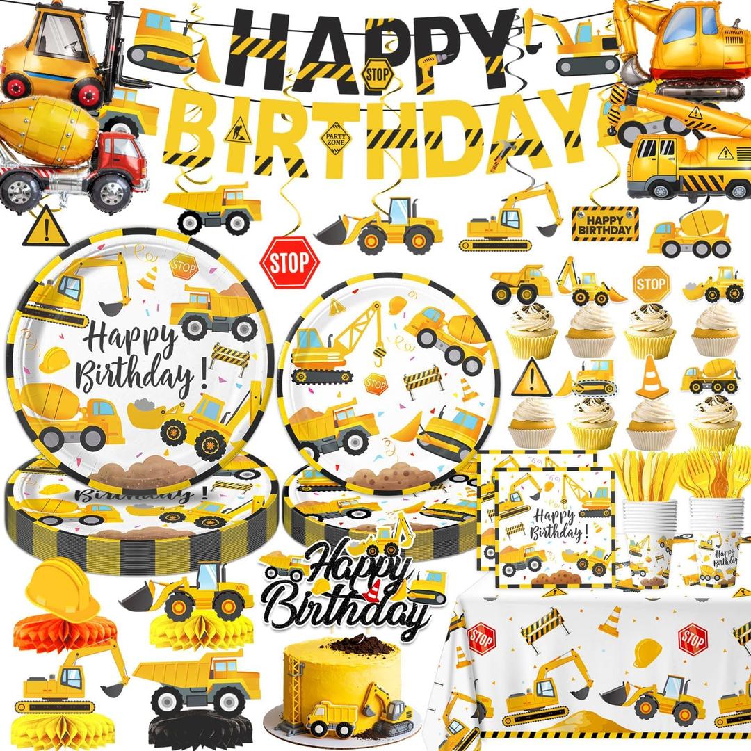 Construction Birthday Party Supplies - Plates, Napkins, Cups, Cutlery, Banner, Hanging Swirls, Honeycomb Centerpieces, Tablecloth, Folil Balloons for Boy Construction Party Decorations, Serves 24