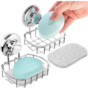 HASKO 2-Pack Suction Cup Soap Holder Bar Soap Dish for Shower with Hooks for Bathroom Optional Mounting with Adhesive Tape Includes 2 Soap Savers Polished Stainless Steel SS304