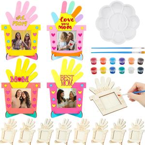 Gerrii 12 Pack Handprint Picture Frame Craft Kit, Wooden DIY Photo Frame Bulk with Paints, Color Your Own Handmade Gift for Mom Grandma from Daughter Son Tabletop Home Decor