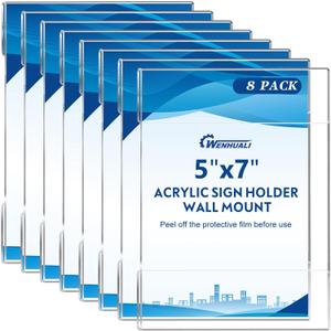 8 Pack Acrylic Sign Holder 5 x 7 Wall Mount Sign Holders, Clear Acrylic Wall Frame with Double Sided Tape for Office, Home, Business-Vertical (5x7, 8 Pack)