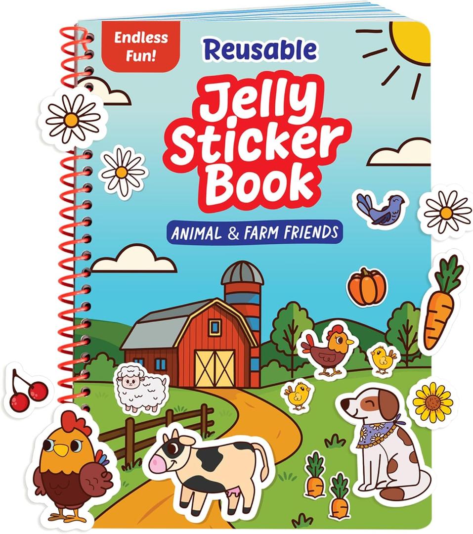 Reusable Jelly Sticker Book - Farm, 7 Scenes - 50 Thick Washable Stickers for Toddlers & Kids: Easter Basket Stuffers, Gift Ideas for Ages 3-5 Years Old - Toddler Stickers Travel Activity Toy 2-4 1-3