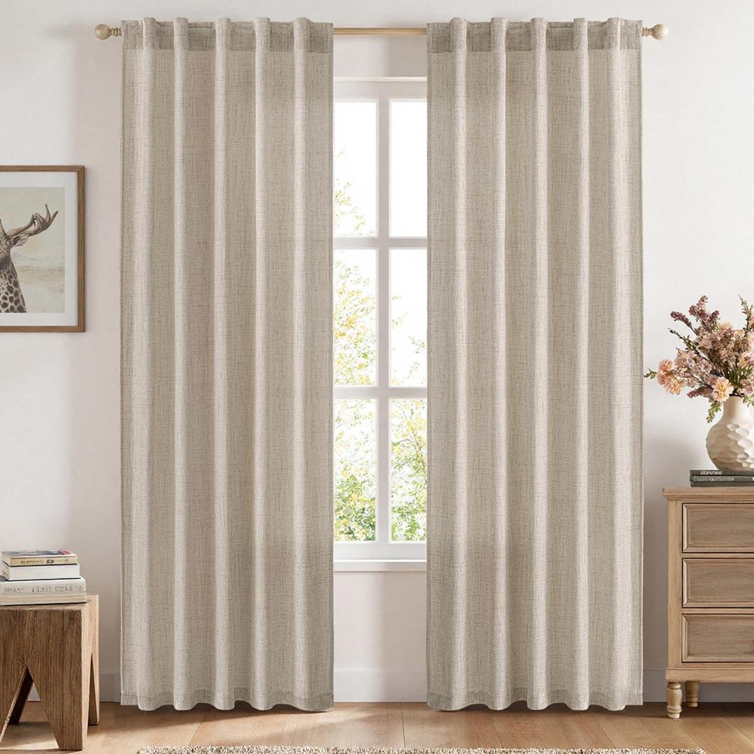 MIULEE Faux Linen Curtains 84 Inch Length 2 Panels Natural Khaki Semi Sheer Curtain with Back Tab Rod Pocket, Light Filtering Window Privacy Burlap Drapes for Living Room Bedroom 42W x 84L
