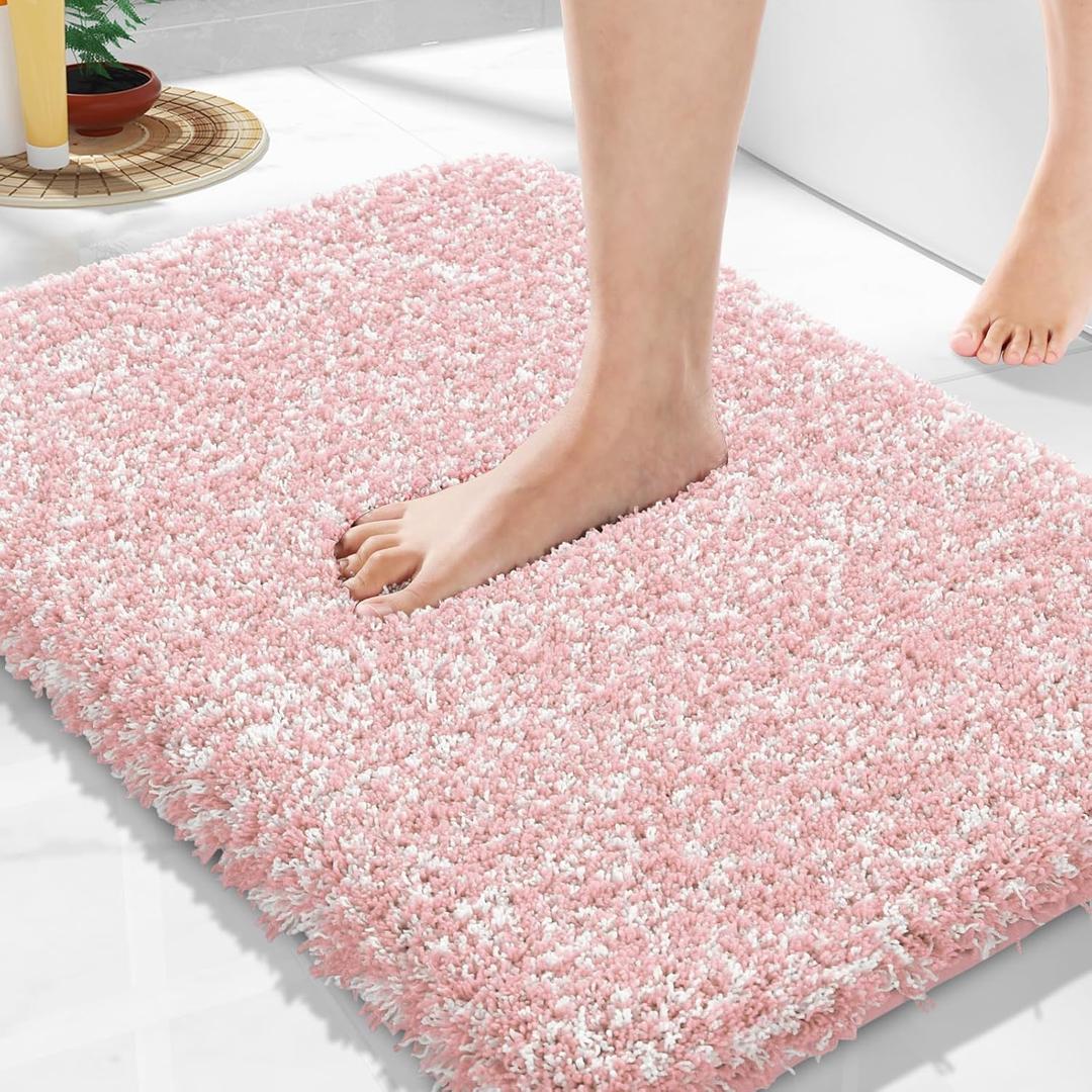 Yimobra Light Pink and White Bathroom Rugs Non Slip Washable, Ultra Soft and Water Absorbent Bath Mats, Plush Fluffy Shower Mat Outside, Microfiber Thick Matts for Bathroom Floor/Sink, 24x17