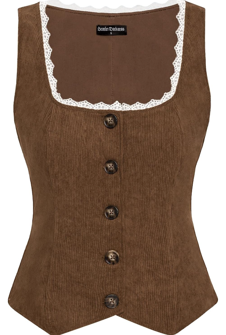 Scarlet Darkness Women Renaissance Corset Vintage Button Down Corduroy Pirate Waistcoat Vest 2XL