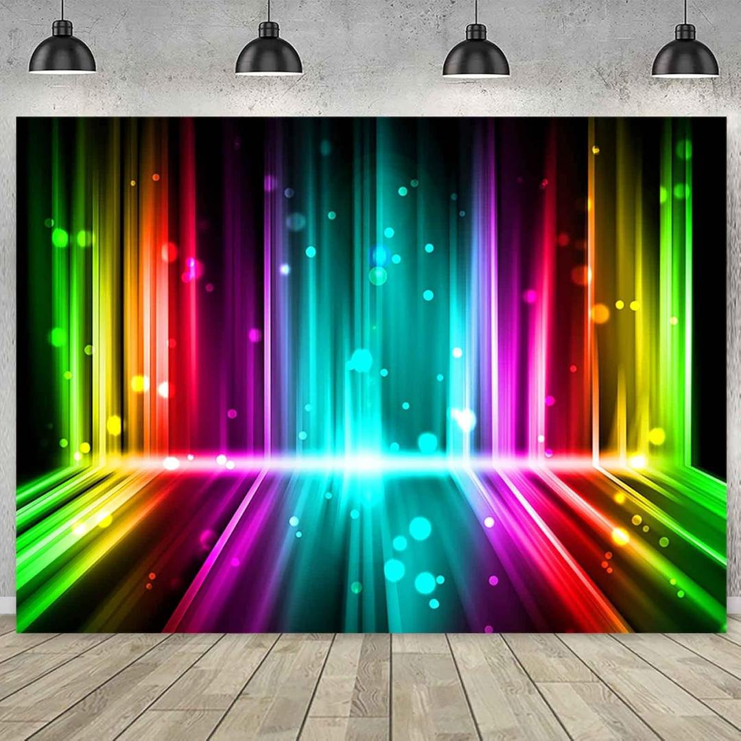 Sensfun Let's Glow Party Backdrop Music Disco Dance Rainbow Neon Photography Background Birthday Newborn Photo Studio Vinyl Banner Photoshoot Prop Cake Table Decor 8x6FT