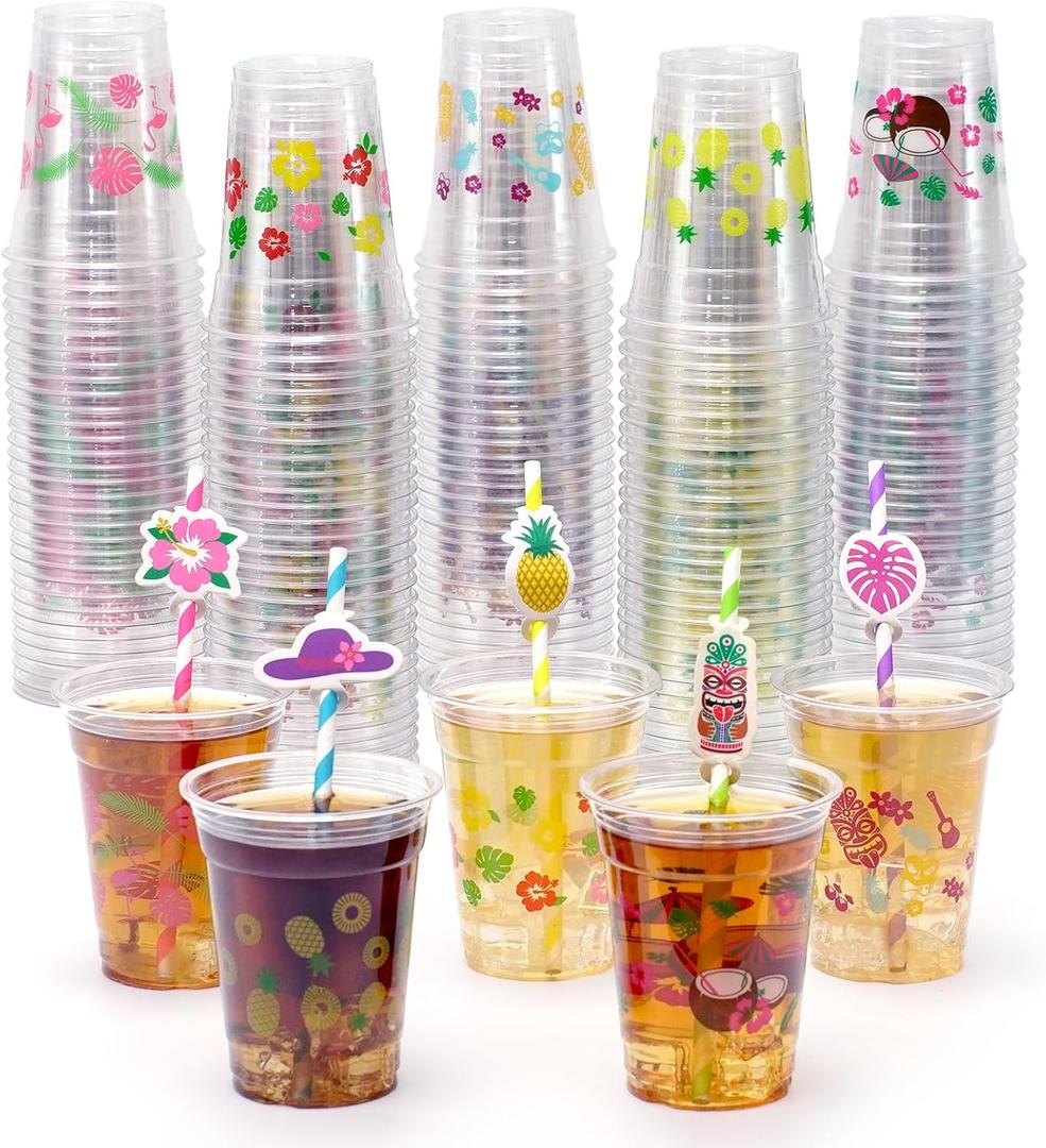100 Pcs Hawaiian Luau Party Cups, 12 oz Tropical Plastic Cold Drinks Cups with Straws, Flamingo Coconut Pineapple Disposable Tiki Cup for Summer Beach Party Decorations Supplies