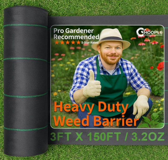 HOOPLE 3 ft x 150 ft Weed Barrier Landscape Fabric, Heavy Duty Woven Polypropylene Ground Cover, Water Permeable Garden Fabric for Flower Beds, Gravel, Mulch & Driveway Base