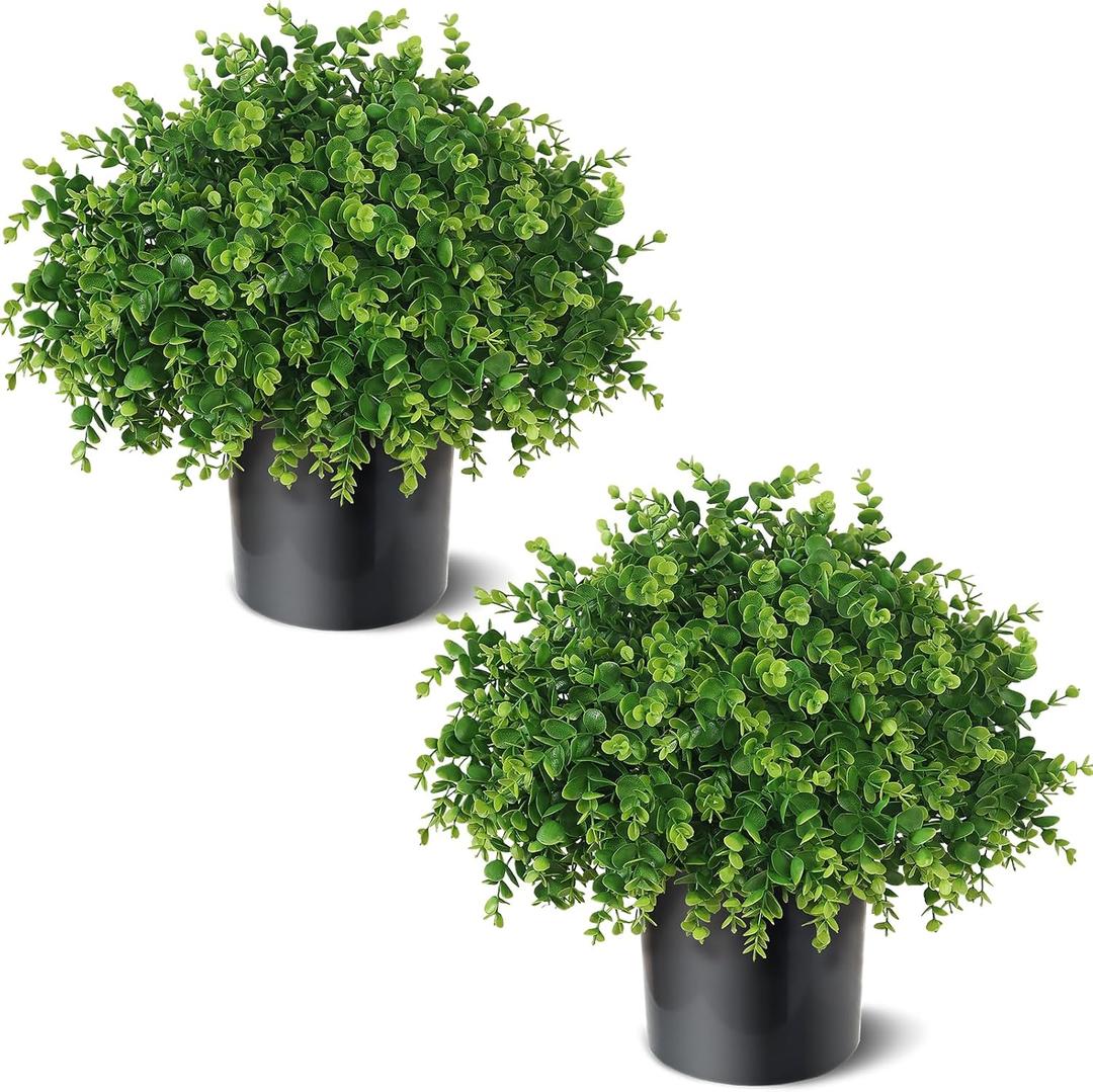 2 Set Real Touch Artificial Eucalyptus Topiary Trees for Outdoor Decor - 16" Faux Eucalyptus Potted Plant, Fake Greenery Shrubs in Black Pot for Front Door Porch Farmhouse Shower Home Decor