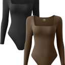OQQ Women's 2 Piece Bodysuits Sexy Ribbed One Piece Square Neck Long Sleeve Tops (Large, Black Coffee)