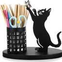 Tandefio Cat Pen Holder for Desk Cute Black Pencil Holder Metal Desk Accessories Organizer Makeup Brush Pen Cups for Office Home Decor Table Centerpiece Lover Gifts Women(Standing)
