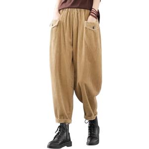 IXIMO Women's Cropped Corduroy Pants Casual Comfy Elastic Waist Cotton Trouser Front Pockets Brown L