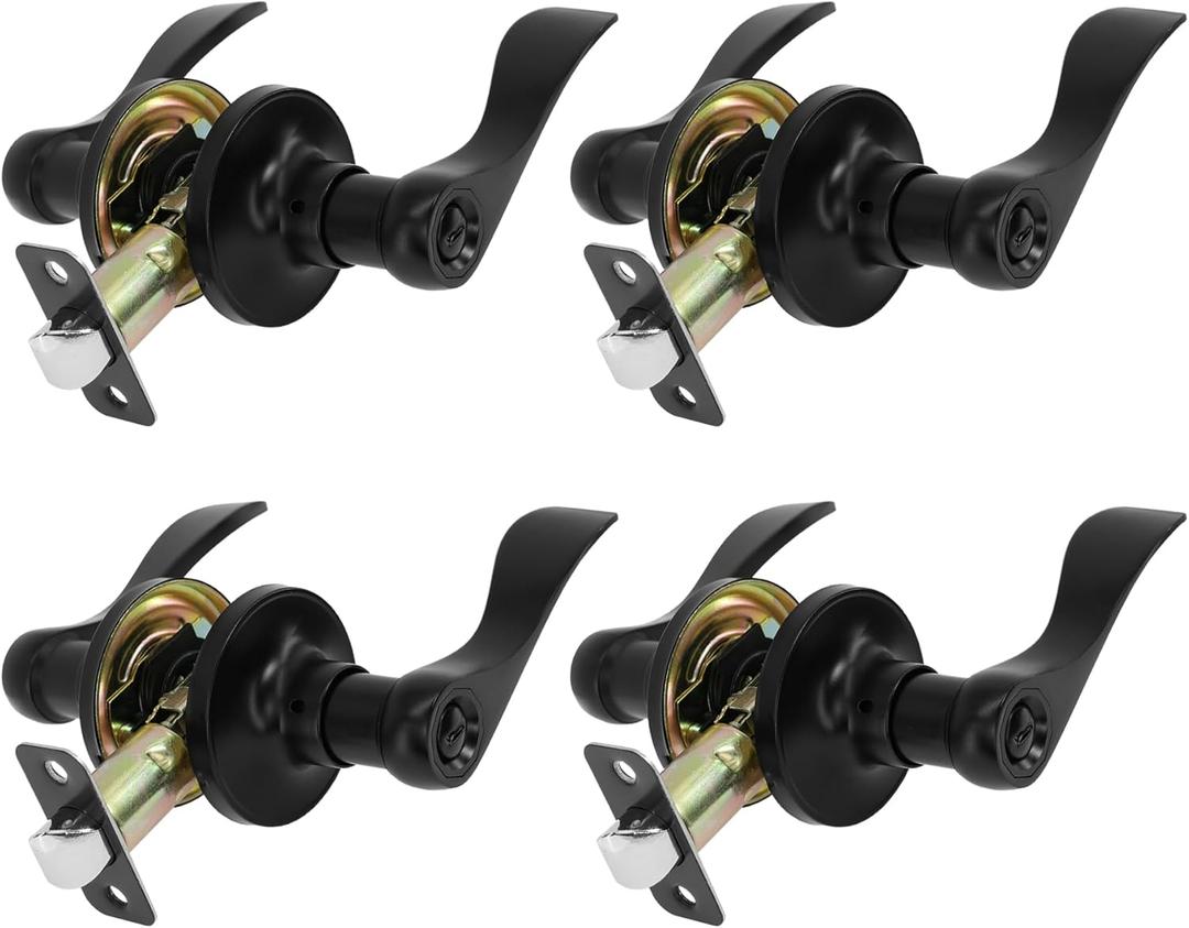 Privacy Door Lever Heavy Duty, 4 Pack Matte Black Left/Right Door Handles Reversible Wave Style Keyless Handing Lever, Bathroom and Rooms Privacy Door Lock (Round Base Black)