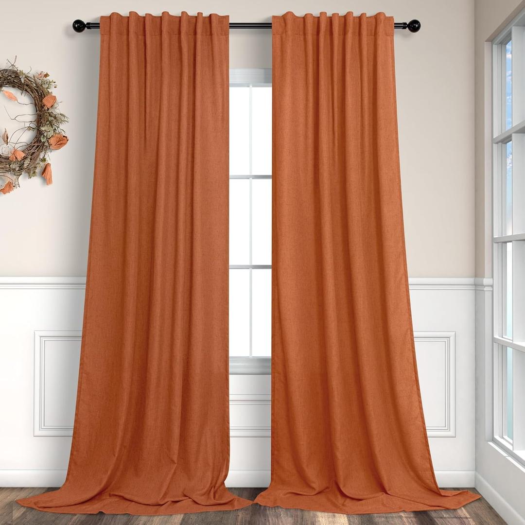 Burnt Orange Curtains 90 Inches Long for Living Room 2 Panels Set Back Tab Rod Pocket Linen Semi Sheer Copper Brown Rust Colored Curtain for Bedroom Dining Office Western Southwest Decor 52x90 Length