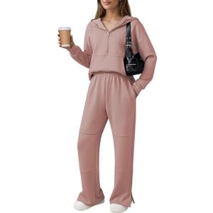 Pink Queen Women's 2 Piece Lounge Sets Half Zip Hooded Sweatshirt and Wide Leg Sweatpants Sweatsuit Tracksuit Matching Set (Medium)