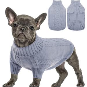 Queenmore Small Dog Pullover Sweater, Cold Weather Cable Knitwear, Classic Turtleneck Thick Warm Clothes for Chihuahua, Bulldog, Dachshund, Pug, Yorkie (Grey, Small)