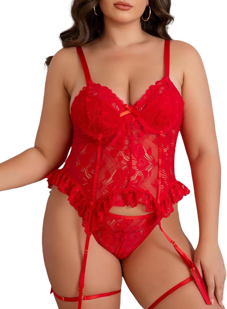 Plus Size Lingerie for Curvy Women Lace Corset with Adjustable Straps and Garter Details Sleepwear (XX-Large, Red)