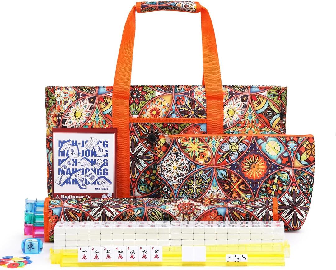 American Mahjong Tile Set with Orange Printed Carrying Bag, 166 Premium White Tiles, 4 All-in-One Color Racks/Pushers, Mah Jongg Sets, Complete Mahjong Game Set for Travel, 1.2" x 0.9" x 0.5"