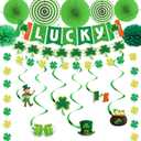 St. Patricks Day Party Decorations Set, Green Lucky Theme Decor with LUCKY Banner, Clover Hanging Swirls with Cutouts, Paper Fans & Tissue Pom Poms, Party Supplies for Home Office Classroom