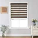 Joydeco Cordless Zebra Blinds (Pro), Dual Layer Light Control Zebra Blinds for Windows, Light-Proof Aluminum Cover, Free-Stop Roller Shades for Home & Office (Coffee,33" W x 75" H), blinds look used, left side plastic is partly broken