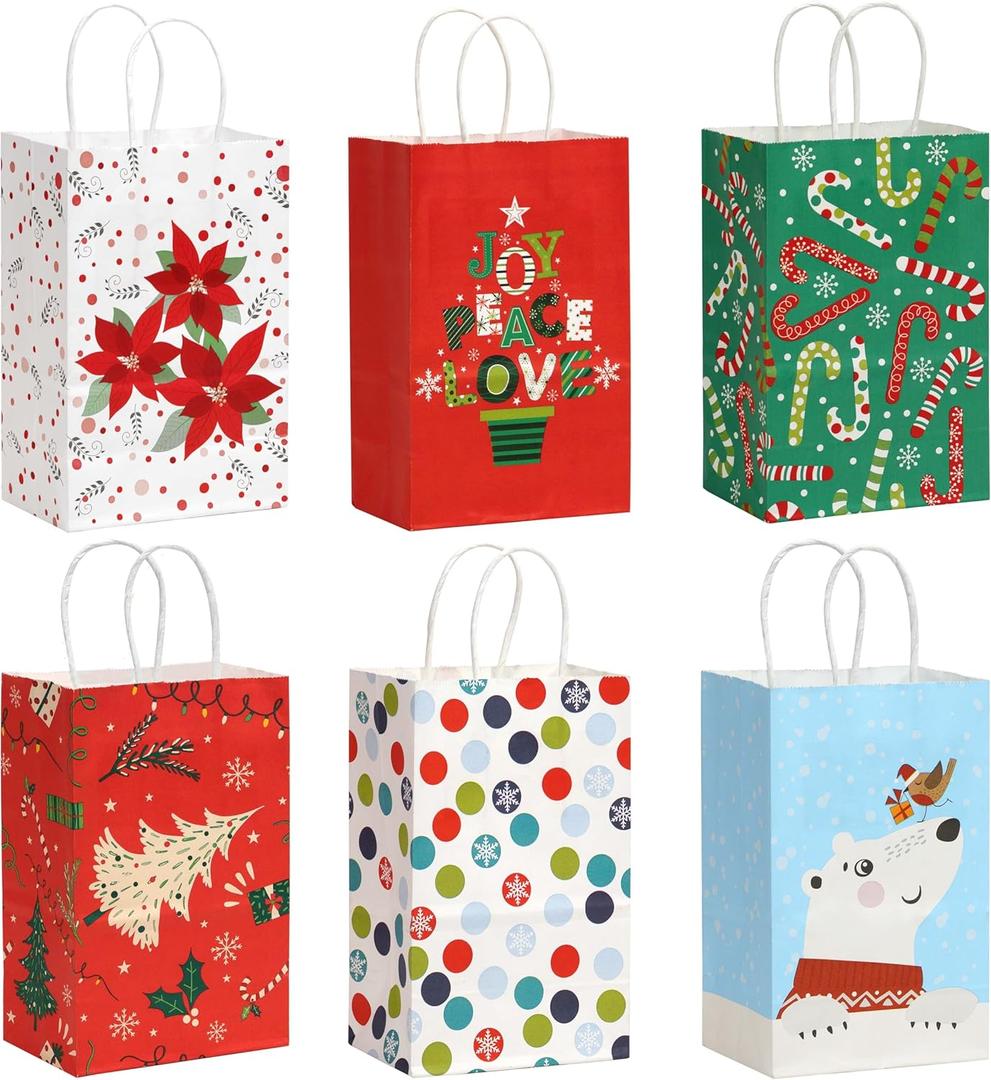SUNCOLOR 12 Pack Small Christmas Gift Bags, 7.9  5.12  3.15 Inch, 6 Festive Designs with Handles, Paper Holiday Gift Bags for Christmas Parties, Presents and Holiday Decorations (2 of Each Design)