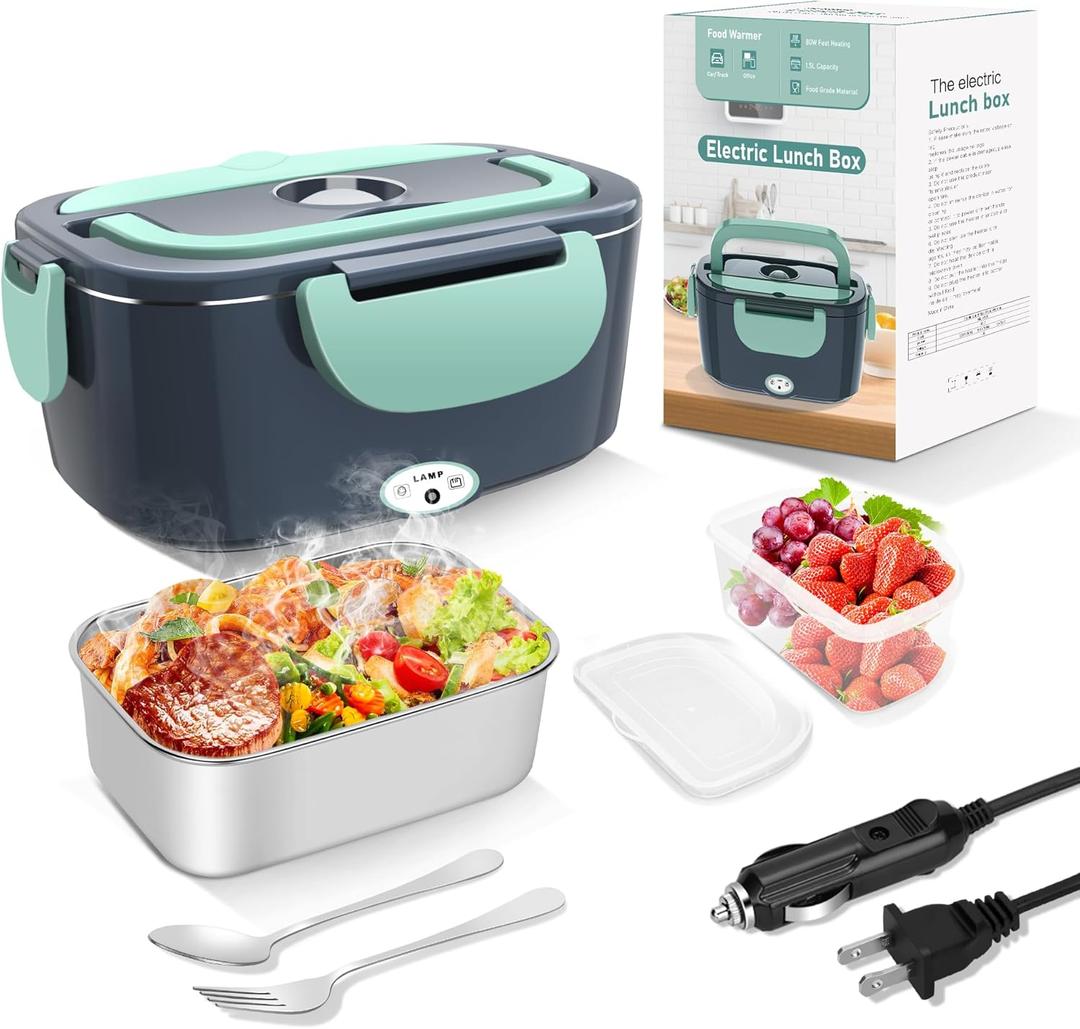 Electric Heated Lunch Boxes Adults: 80W Electric Lunch Box Food Heated 12/24/110V 1.5L Heatable Lunch Box for Car/Truck/Office LeakProof Stainless Steel Container, Fork & Spoon, Bag (Grey+Green)
