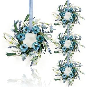4 Pcs Small Blue Daisy Flower Hanging Wreaths for Cabinets with White Floral Eucalyptus Leaves Lavender Artificial Grains Mini Candle Rings Wreath for Home Front Door Farmhouse Coastal Blue Porch