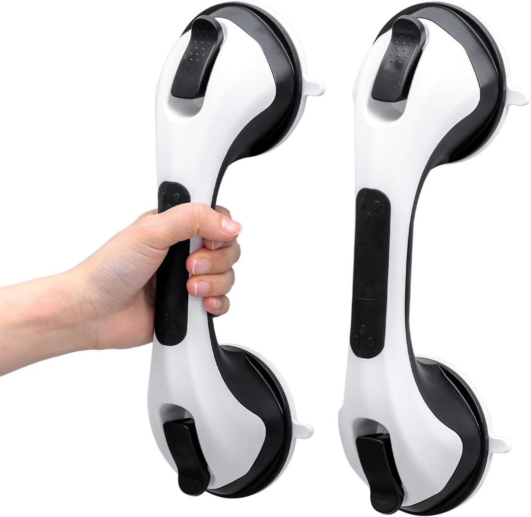 TAILI Shower Handles for Elderly Suction, 2 Pack 12 Inch Shower Grab Bars for Seniors, Grab Bars for Bathtubs and Showers, No Drilling Removable Safety Shower Grip, Black