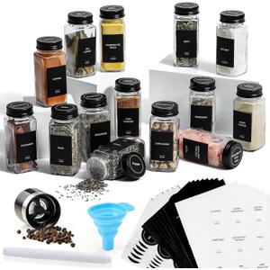 AOZITA 14 Pcs Glass Spice Jars with Black lids - 4oz Empty Square Spice Bottles and Spice Labels - Black Shaker Lids and Airtight Metal Caps - Silicone Collapsible Funnel Included