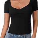 Rooscier Women's Sweetheart Neck Ruched Lace Slit Short Sleeve Sexy Going Out T Shirt Tops (Black)