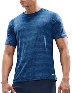 MIER Mens T Shirts Short Sleeve Quick Dry Active Tee for Running Workout Gym, Stripe (2X-Large, Heather Blue)