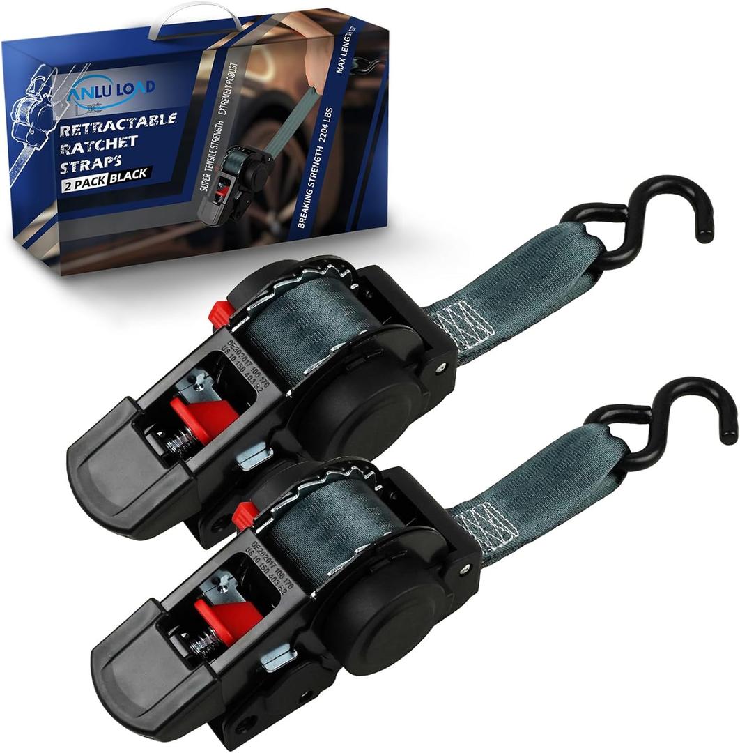 ANLULOAD 2 Packs Retractable Ratchet Straps (1.5in x 12.3ft),Cargo Strap Tie Downs for Trunk, Garage Motorcycles, Atvs,Trailers-WLL1,102LbS,BS:2,204LbsBlack
